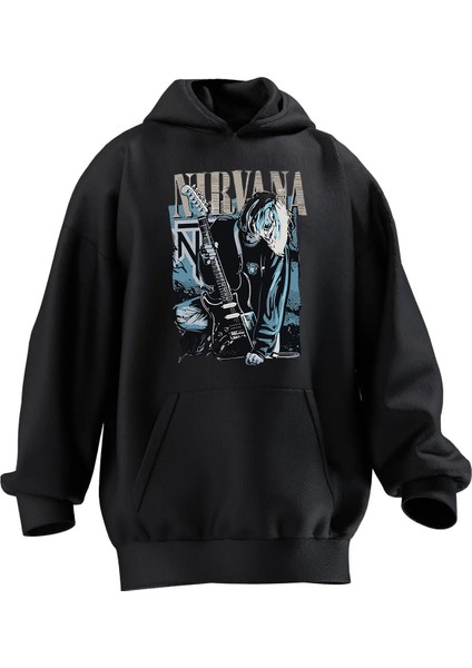 Unisex Premium Pamuk Siyah Nirvana Grup Poster Baskılı 3 Iplik Kapüşonlu Sweatshirt