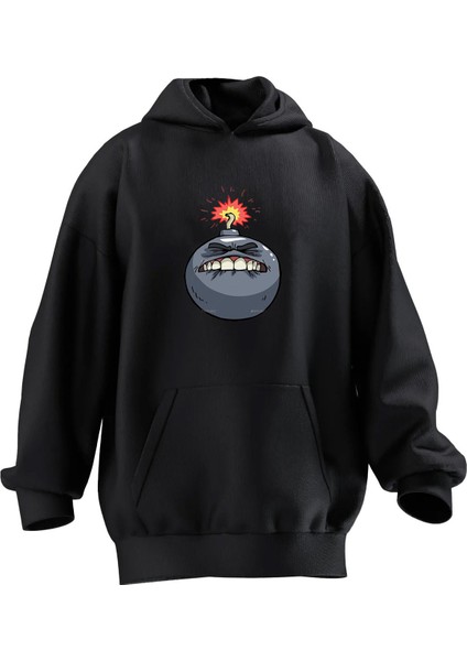 Unisex Premium Pamuk Siyah Patlama Bomba Baskılı 3 Iplik Kapüşonlu Sweatshirt