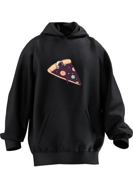 Unisex Premium Pamuk Siyah Pizza Astronot Baskılı 3 Iplik Kapüşonlu Sweatshirt