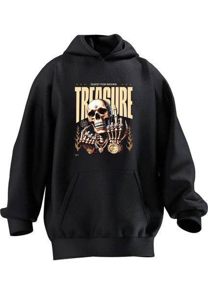 Unisex Premium Pamuk Siyah Treasure Baskılı 3 Iplik Kapüşonlu Sweatshirt