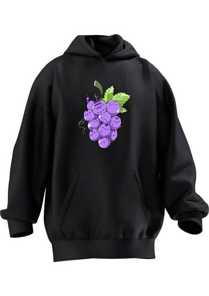 Unisex Premium Pamuk Siyah Üzüm Çizim Baskılı 3 Iplik Kapüşonlu Sweatshirt