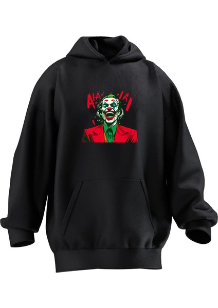 Unisex Premium Pamuk Siyah Gülen Joker Ha Baskılı 3 Iplik Kapüşonlu Sweatshirt