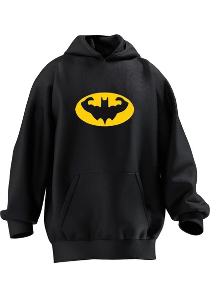 Unisex Premium Pamuk Siyah Kaslı Batman Baskılı 3 Iplik Kapüşonlu Sweatshirt