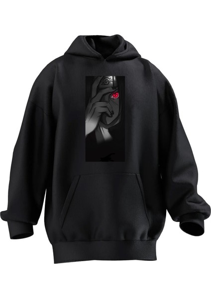 Unisex Premium Pamuk Siyah Kırmızı Gözlü Anime Baskılı 3 Iplik Kapüşonlu Sweatshirt