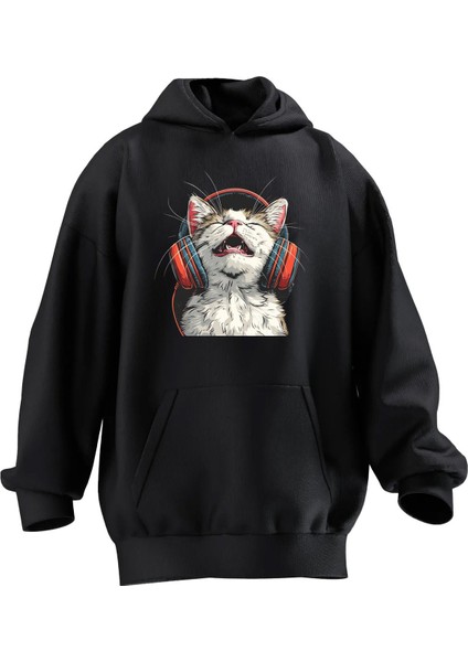 Unisex Premium Pamuk Siyah Kulaklıklı Kedi Baskılı 3 Iplik Kapüşonlu Sweatshirt