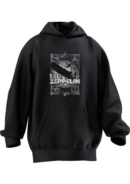 Unisex Premium Pamuk Siyah LED Zeppelin Poster Baskılı 3 Iplik Kapüşonlu Sweatshirt