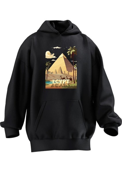 Unisex Premium Pamuk Siyah Mısır Piramit Baskılı 3 Iplik Kapüşonlu Sweatshirt