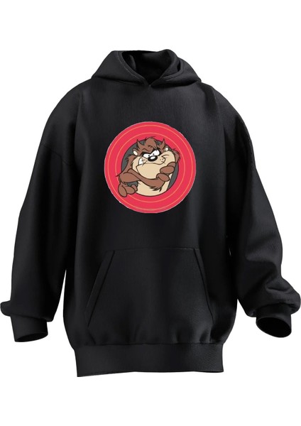 Unisex Premium Pamuk Siyah Tazmanya Canavarı Baskılı 3 Iplik Kapüşonlu Sweatshirt