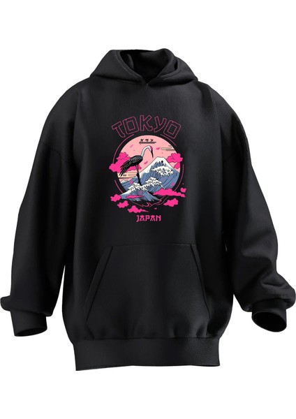 Unisex Premium Pamuk Siyah Tokyo Pembe Baskılı 3 Iplik Kapüşonlu Sweatshirt