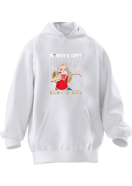 Unisex Premium Pamuk Beyaz Monkey Luffy Baskılı 3 Iplik Kapüşonlu Sweatshirt