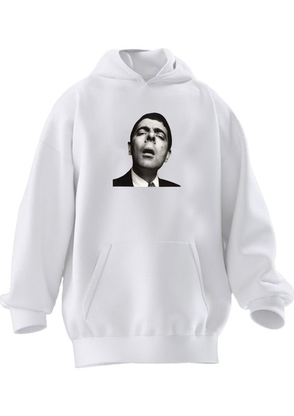Unisex Premium Pamuk Beyaz Mr Bean Baskılı 3 Iplik Kapüşonlu Sweatshirt