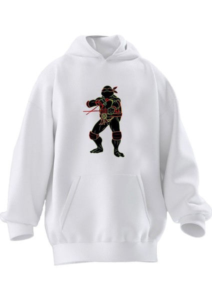 Unisex Premium Pamuk Beyaz Ninja Renkli Baskılı 3 Iplik Kapüşonlu Sweatshirt