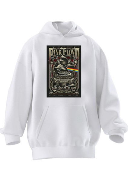 Unisex Premium Pamuk Beyaz Pink Floyd Poster Baskılı 3 Iplik Kapüşonlu Sweatshirt