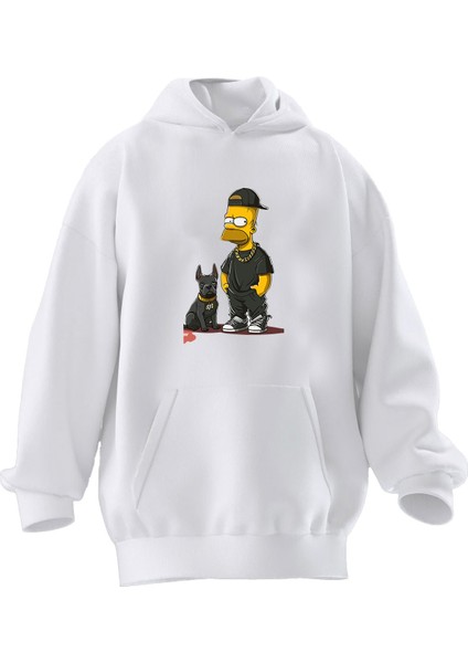 Unisex Premium Pamuk Beyaz Sipson Buldog Baskılı 3 Iplik Kapüşonlu Sweatshirt