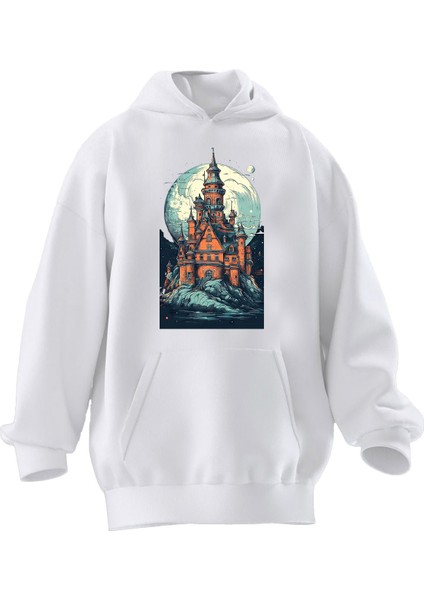 Unisex Premium Pamuk Beyaz Şato Sisli Baskılı 3 Iplik Kapüşonlu Sweatshirt