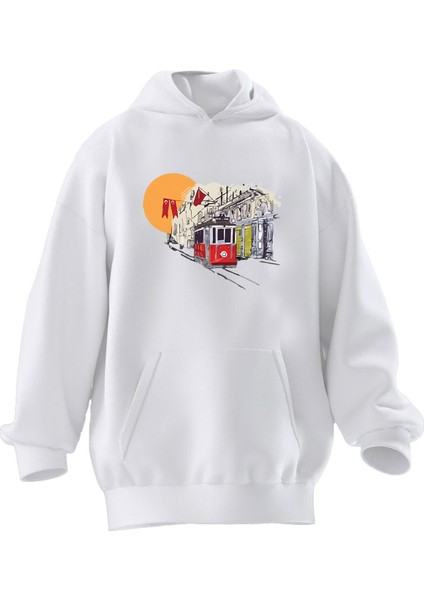 Unisex Premium Pamuk Beyaz Taksim Tramvay Baskılı 3 Iplik Kapüşonlu Sweatshirt
