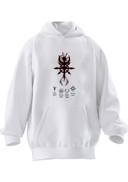 Unisex Premium Pamuk Beyaz Yıldız Hilal Desen Baskılı 3 Iplik Kapüşonlu Sweatshirt