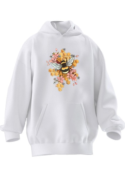Unisex Premium Pamuk Beyaz Arı Petek Fotoğraf Baskılı 3 Iplik Kapüşonlu Sweatshirt