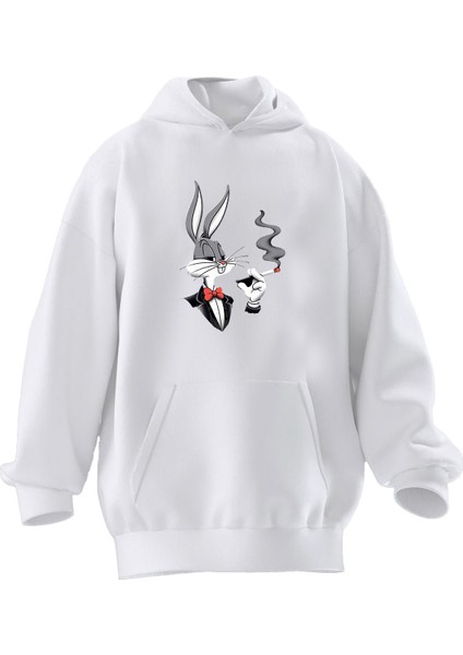 Unisex Premium Pamuk Beyaz Cigarattes Bugs Bunny Baskılı 3 Iplik Kapüşonlu Sweatshirt