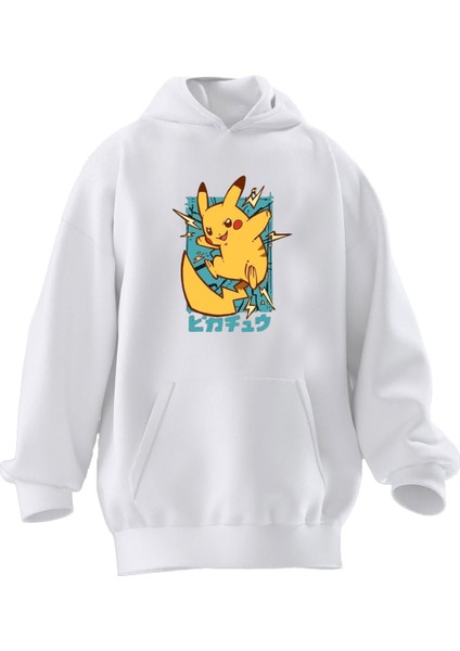 Unisex Premium Pamuk Beyaz Electiric Pikachu Baskılı 3 Iplik Kapüşonlu Sweatshirt