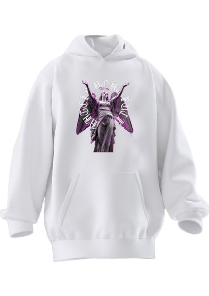 Unisex Premium Pamuk Beyaz Mor Kanatlı Heykel Baskılı 3 Iplik Kapüşonlu Sweatshirt