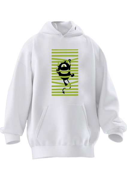 Unisex Premium Pamuk Beyaz Yeşil Çizgili Karakter Baskılı 3 Iplik Kapüşonlu Sweatshirt