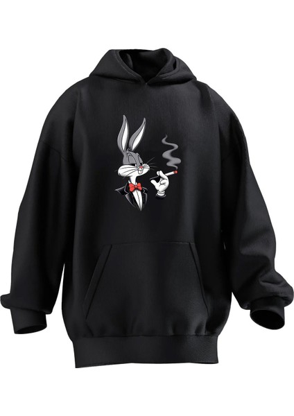 Unisex Premium Pamuk Siyah Cigarattes Bugs Bunny Baskılı 3 Iplik Kapüşonlu Sweatshirt