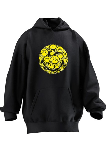 Unisex Premium Pamuk Siyah Gülücük Sarı Baskılı 3 Iplik Kapüşonlu Sweatshirt