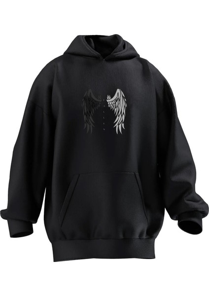 Unisex Premium Pamuk Siyah Kanatlar Baskılı 3 Iplik Kapüşonlu Sweatshirt