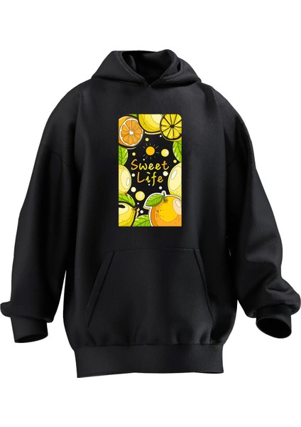 Unisex Premium Pamuk Siyah Limon Portakal Baskılı 3 Iplik Kapüşonlu Sweatshirt