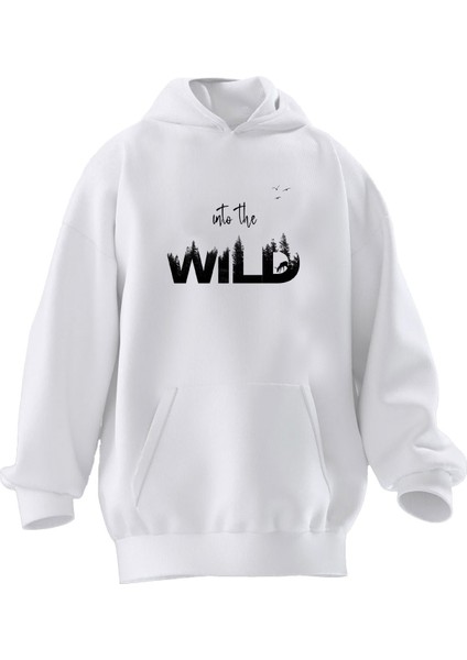 Unisex Premium Pamuk Beyaz Into Wild Baskılı 3 Iplik Kapüşonlu Sweatshirt
