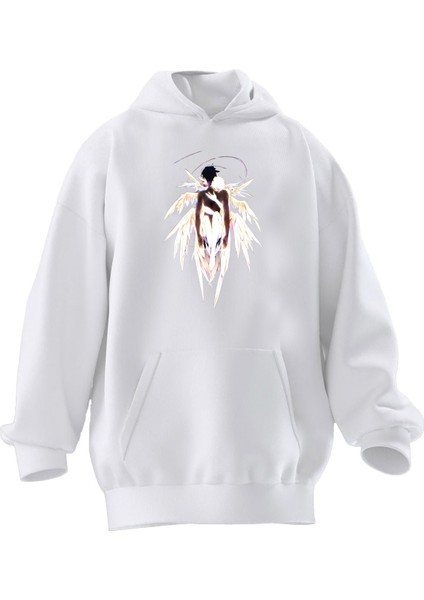 Unisex Premium Pamuk Beyaz Kanatlı Melek Baskılı 3 Iplik Kapüşonlu Sweatshirt