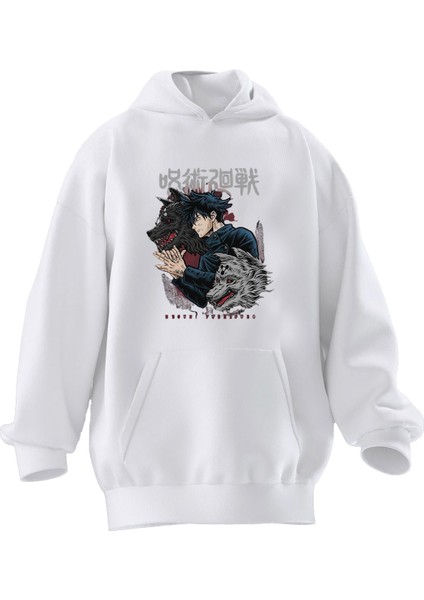 Unisex Premium Pamuk Beyaz Kurtlar Anime Baskılı 3 Iplik Kapüşonlu Sweatshirt