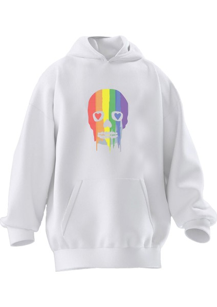 Unisex Premium Pamuk Beyaz Kurukafa Renkli Baskılı 3 Iplik Kapüşonlu Sweatshirt