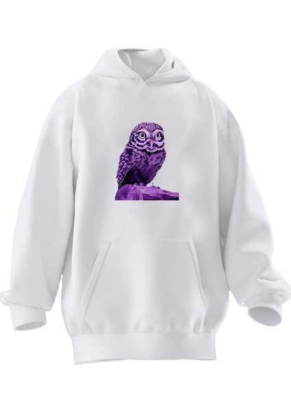 Unisex Premium Pamuk Beyaz Mor Baykuş Baskılı 3 Iplik Kapüşonlu Sweatshirt