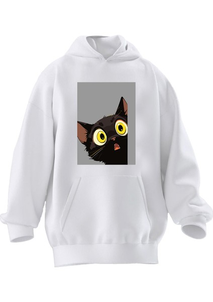 Unisex Premium Pamuk Beyaz Sarı Gözlü Kedi Baskılı 3 Iplik Kapüşonlu Sweatshirt