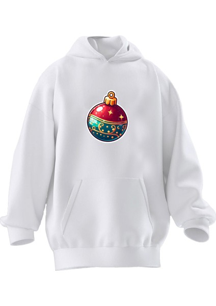 Unisex Premium Pamuk Beyaz Süs Top Yılbaşı Baskılı 3 Iplik Kapüşonlu Sweatshirt