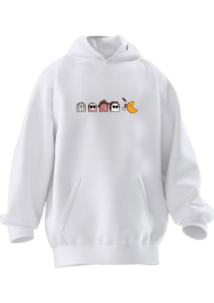 Unisex Premium Pamuk Beyaz Ters Pacman Baskılı 3 Iplik Kapüşonlu Sweatshirt
