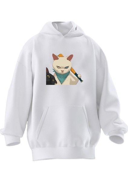 Unisex Premium Pamuk Beyaz Beyzball Kedi Baskılı 3 Iplik Kapüşonlu Sweatshirt
