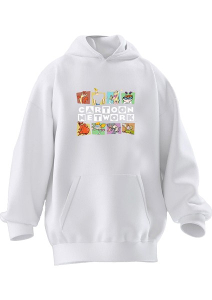 Unisex Premium Pamuk Beyaz Cartoon Baskılı 3 Iplik Kapüşonlu Sweatshirt