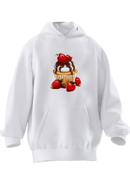 Unisex Premium Pamuk Beyaz Çilekli Tatlı Baskılı 3 Iplik Kapüşonlu Sweatshirt