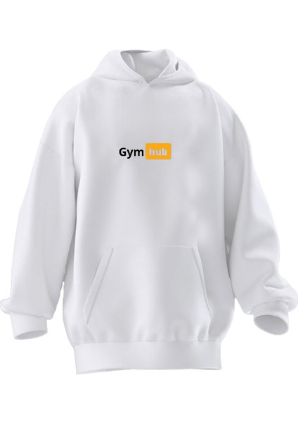 Unisex Premium Pamuk Beyaz Gym Hub Baskılı 3 Iplik Kapüşonlu Sweatshirt