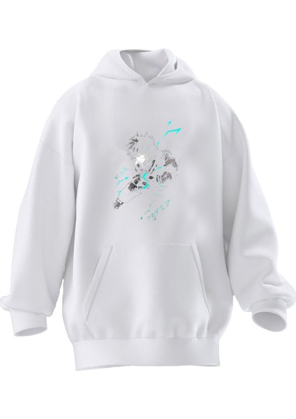 Unisex Premium Pamuk Beyaz Hızlı Anime Baskılı 3 Iplik Kapüşonlu Sweatshirt