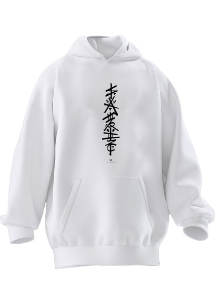 Unisex Premium Pamuk Beyaz Japon Harfler Dik Baskılı 3 Iplik Kapüşonlu Sweatshirt
