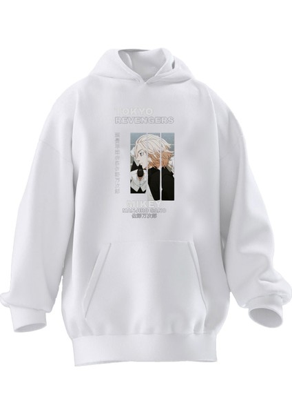 Unisex Premium Pamuk Beyaz Mikey Tokyo Baskılı 3 Iplik Kapüşonlu Sweatshirt
