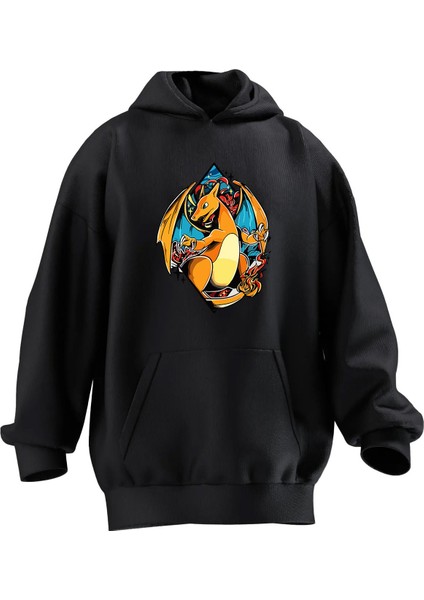 Unisex Premium Pamuk Siyah Charizart Pokemon Baskılı 3 Iplik Kapüşonlu Sweatshirt