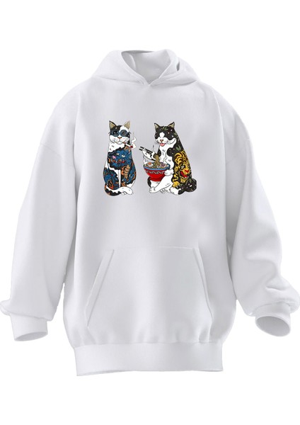 Unisex Premium Pamuk Beyaz Oturan Kediler Baskılı 3 Iplik Kapüşonlu Sweatshirt