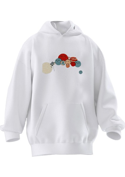 Unisex Premium Pamuk Beyaz Sevimli Gezegenler Baskılı 3 Iplik Kapüşonlu Sweatshirt