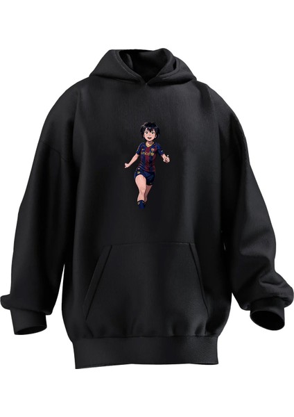 Unisex Premium Pamuk Siyah Barcelona Anime Baskılı 3 Iplik Kapüşonlu Sweatshirt