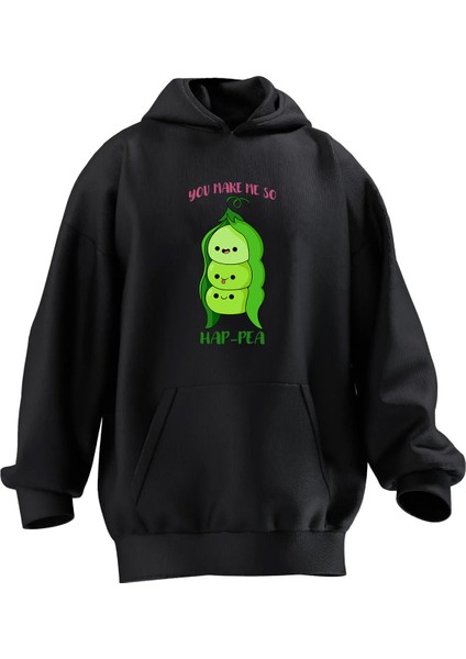 Unisex Premium Pamuk Siyah Bezelye Yumurcak Baskılı 3 Iplik Kapüşonlu Sweatshirt